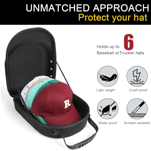 GERMUN Hard Baseball Hat Case with 6pcs Hat Hooks, Hat Carrier Travel Case with Adjustable Shoulder Strap, Hat Cap Case for 6 Baseball Caps - Perfect for Traveling (Black) - color: Black 1