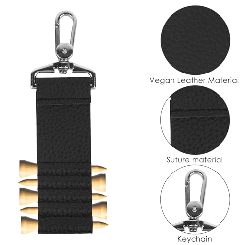 Golf Tee Holder Carrier with Keychain - Portable PU Leather Caddy Organizer for 5 Tees, Clip-on Golf Bag Accessories & Gifts for Men Women (Black)