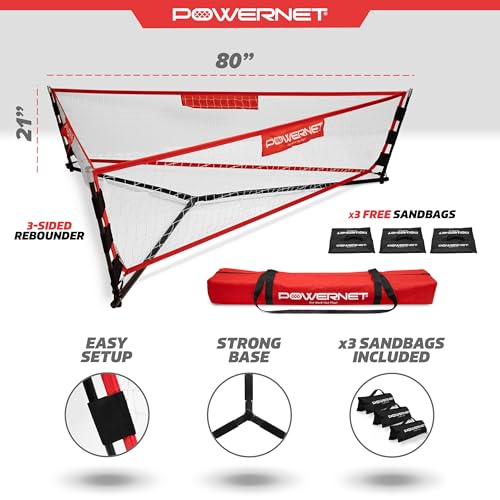 PowerNet Triple Threat Rebounder, Portable 3-Sided Futsal & Soccer Net, 80" L x 21" H Per Side, Training Equipment Rebound Net for Improving Soccer Ball Passing