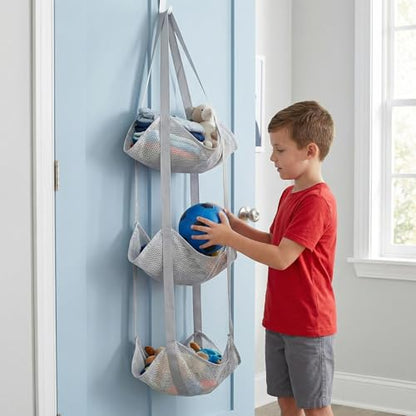 Basketball Holder Bag, Space-Saving Design, 83x33x33cm, 3 Tier Over The Door Ball Holder Bag, Soccer Equipment Organizer Bags, Quick Access Design, for Volleyball Football Gym - color: Gray