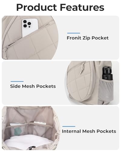 Drawstring Tennis Backpack, Puffer Tennis Racket Bag with Shoe Compartment & Wet Pocket Gym Bag for Women, Suitable for Pickleball Tennis Badminton - color: Camel