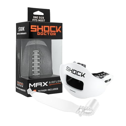 Shock Doctor Lip Guard, Adult and Youth Mouth Guard Football with Strap, Breathable Wide Opening Football Mouthpiece for Youth and Adults OSFA, Shock Doctor Mouth Guards, Max Airflow - color: White/ Black