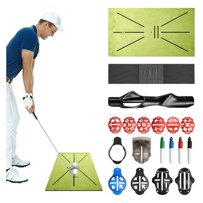 Complete Golf Accessories Set - Golf Grip Trainer, Golf Swing Trainer Arm Band, Golf Hitting Mat and Golf Ball Marker Kit, Golf Training Aid for Improving Swing Technique for Home & Outdoor Practice