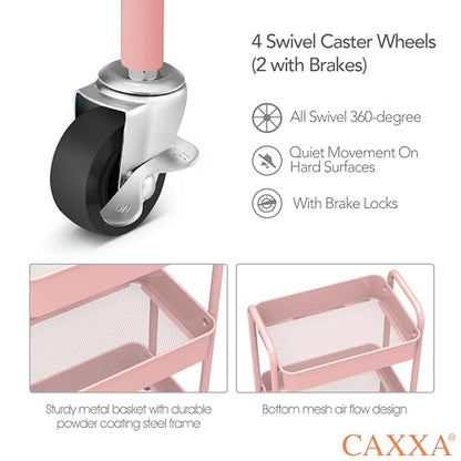 CAXXA 3-Tier Rolling Metal Storage Organizer - Mobile Utility Cart with Caster Wheels, Pink - color: Pink