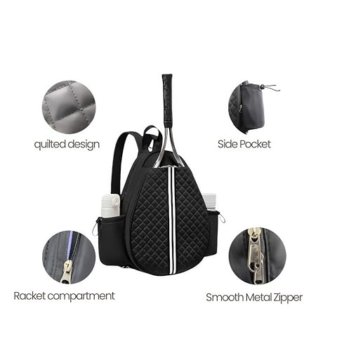 Tennis bag for women - Quilted Sling Grid Design Water repellent Two Side Pockets Dry wet separation independent pocket Friend couple gift - color: black
