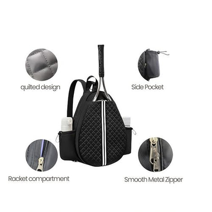 Tennis bag for women - Quilted Sling Grid Design Water repellent Two Side Pockets Dry wet separation independent pocket Friend couple gift - color: black