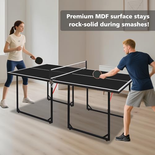 6FT Ping Pong Table Foldable Midsize Table Tennis Table for with Net, Table Tennis Paddles and Balls, MDF Multi-Use Family Game Table Assembly Free for Kid Teenager Adult, Compact & Portable