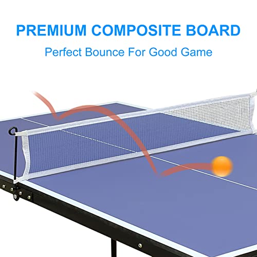 KEIKI 4.5FT Foldable Ping Pong Table, Portable Table Tennis Table with Net & Paddles, Compact Indoor Game Table for Home, Office, Party, Space-Saving Ping Pong Table - color: Blue