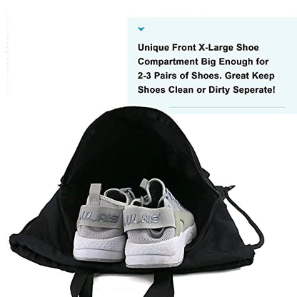 BeeGreen Drawstring Backpack Bag with Shoe Compartment, X-Large Black Gym Sports String Cinch Backpack - color: Black