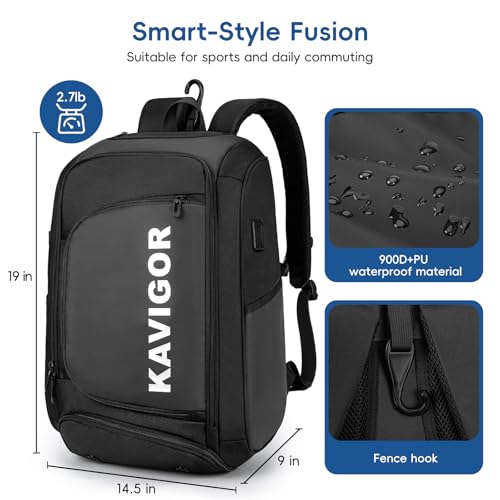 KAVIGOR Pickleball Bag, Large Pickleball Backpack Holds 4 to 6 Paddles, Shoes Compartment & Wet/Dry Pocket (9 Pockets), Charge Port - color: Black