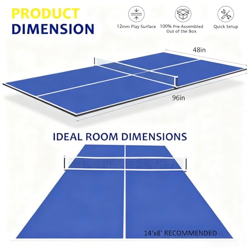 Ping Pong Table Top, 8FT Foldable Table Tennis Table Topper for Pool Table, Indoor Outdoor Table Tennis Conversion Top for Billiard Table w/Net & Foam Padding, Easy Conversion (8ft-Blue)