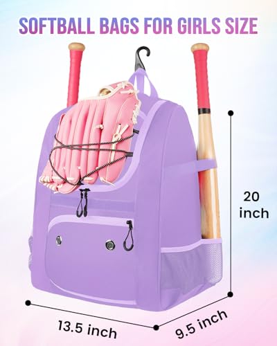MATEIN Softball Bag, Lightweight Baseball Backpack with Shoe Compartment, Baseball Bag with Fence Hook for TBall Bat & Equipment, Softball Gifts Catchers Backpack for Women Fit Catcher’s Mitt, Helmet - color: Purple