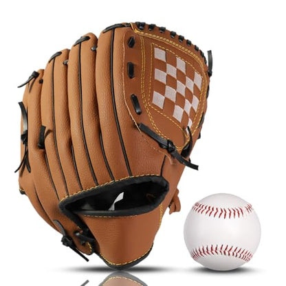 Baseball Glove + Ball Sets, Softball Glove, Baseball Mitt, 10.5''-12.5'' for Youth/Adult Training and Beginner Play, Synthetic Leather Softball Mitt - color: Brown, size: 10.5"