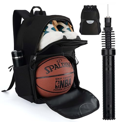 Soccer & Basketball Sports Bag with Ball Pump - Basketball Backpack with Separate Ball & Shoes Holder Compartment, Soccer Basketball Football & Volleyball Bag with Large Capacity - color: Black, style: With Ball Pump