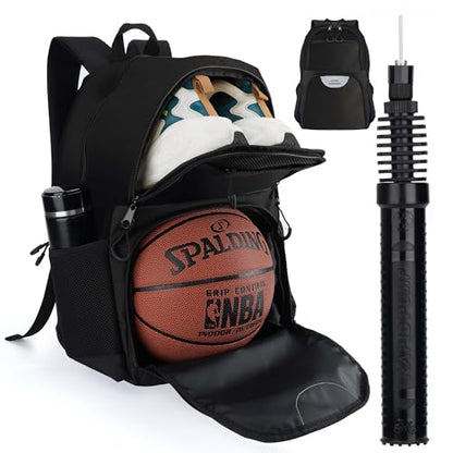 Soccer & Basketball Sports Bag with Ball Pump - Basketball Backpack with Separate Ball & Shoes Holder Compartment, Soccer Basketball Football & Volleyball Bag with Large Capacity - color: Black, style: With Ball Pump