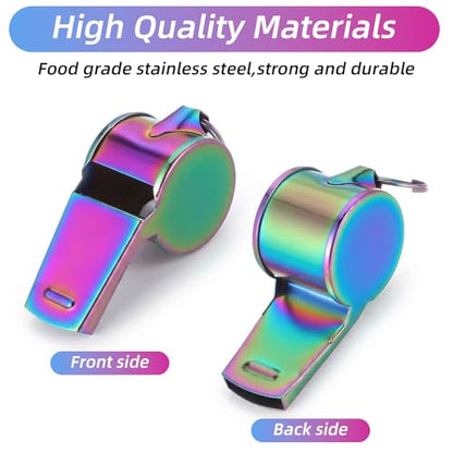 2Pcs Whistle Stainless Steel, Coach Sports Whistles with Lanyard, Loud Crisp Sound Metal Whistles for Sports, Coaching, Referees & Physical Education, Colorful Backpack Whistle