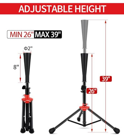 FDLS Baseball Batting tee for Adults and Youth Teens, Portable Tripod Stand Base Tee Easy Adjustable Height 26 to 39 inches for Hitting Training Practice, with 2 Rubber Tops & Carrying Bag