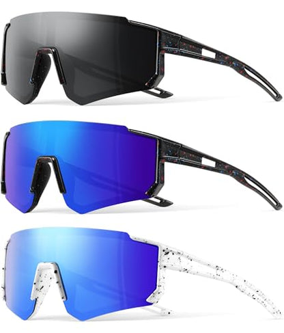 3PACK Kids Sunglasses Youth Baseball Sunglasses for Boys Girls Age 4-12,Softball Sports Cycling Goggles UV Protection - color: A06black+deep Blue+blue
