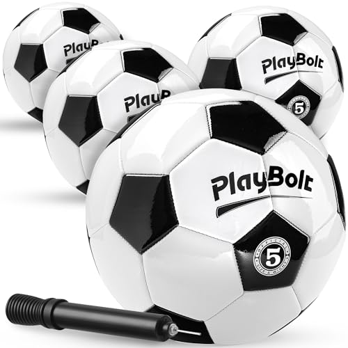 PlayBolt Soccer Ball Size 5 with Pump - Black & White Training Practice & Match Ball for Kids, Youth and Adults (Pack of 1 or 4) - size: 4-Pack