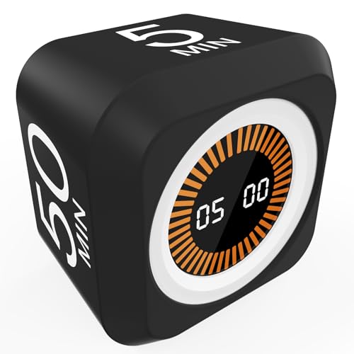 Rotating Cube Visual Pomodoro Timer 5, 25, 10 50 Minutes Preset + Custom Countdown, Rechargeable Desk Productivity Flip Timer with Detachable Silicone Cover for ADHD Study Work Kitchen School (Black) - color: Black