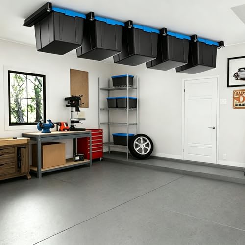 Heavy Duty Garage Ceiling Storage Rack System, Overhead Bin Slide Track Rails for 3 Bins (4 Pack), Adjustable Tote Hanger, 176 Lbs Capacity Steel - size: 4 Pack