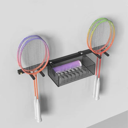 WDJBPSH 2 in 1 Wall Mounted Ball Holder Racket Rack, Hanging Equipment Organizer for Boys Bedroom/Studio/Garage, Metal Badminton Ping Pong Paddle Storage Display Stand
