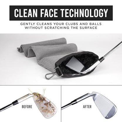 Club Scrub Towel Pro, Golf Club and Ball Cleaning Pouch with Attached Towel, Waterproof Exterior, Clean Face Technology Liner, Machine Washable, Cleans Club Grooves, Waffle-Weave Microfiber (Gray) - color: Gray