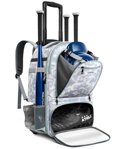 AUROTIER Rolling Baseball Backpack with Off-road Wheels, Wheeled Catchers Gear Bag for Baseball Equipment, 4 Bats, Large Softball Bag for TBall, Helmet & Accessories with Fence Hook - color: Grey-blue