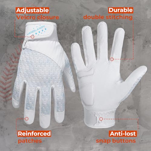 HANDLANDY Baseball Batting Gloves for Adult Youth, Grip Breathable Softball Batting Gloves Fit Men Kids Boys Girls - color: Pearl White-Adult, size: Adult Large