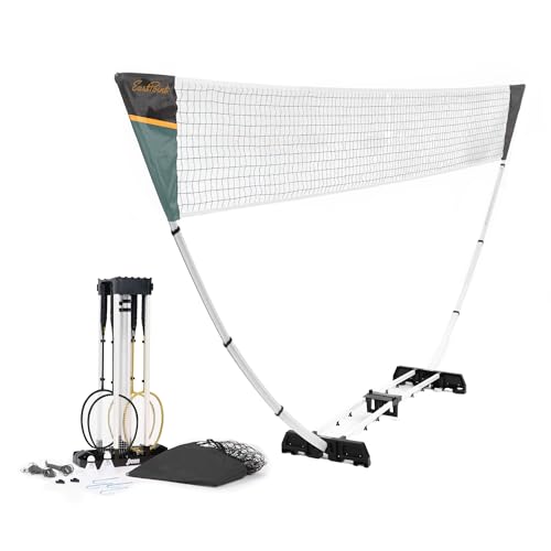 EastPoint Easy Setup Badminton Set - 15 ft Net, 4 Rackets, 2 Shuttlecocks - Quick Setup Net for Backyard Games - Steel Shaft Badminton Rackets for Family Games - Durable Shuttlecocks for Outdoors - color: Black/Grey (Pro Set)