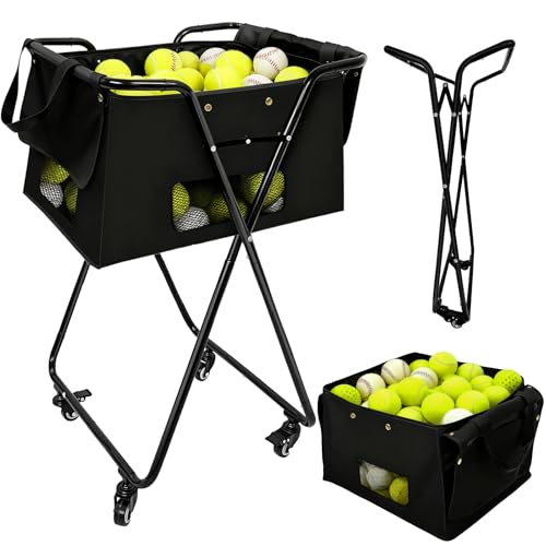 Tennis Ball Hopper Cart with 4 Wheels，Foldable Large Capacity Pickleball & Tennis Ball Collector for Court Training, Coaching