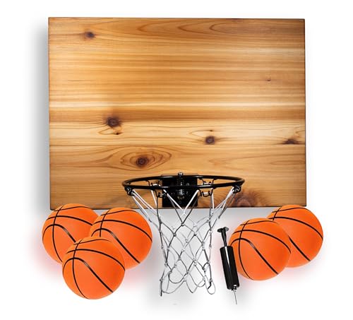 Elite Mini Basketball Hoop & Ball Set, Wall Mount, Indoor Made in the USA Cedar Backboard. Includes 9” Hoop, Net, Pump & 5 Mini Basketballs. - color: Natural/Black Rim