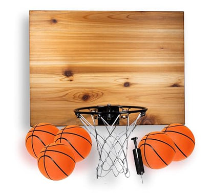 Elite Mini Basketball Hoop & Ball Set, Wall Mount, Indoor Made in the USA Cedar Backboard. Includes 9” Hoop, Net, Pump & 5 Mini Basketballs. - color: Natural/Black Rim