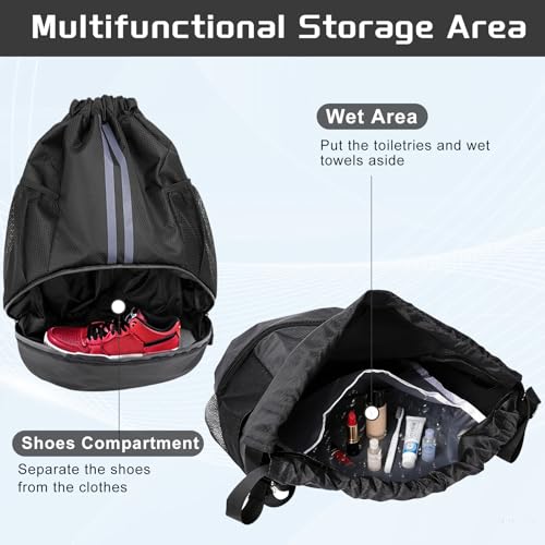 Sports Drawstring Backpack with Shoes Compartment, String Gym Bag with Wet Proof Pocket for Basketball, Soccer, Swim, Black Sport Bag for Men and Women