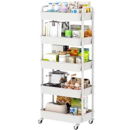 Sywhitta 5-Tier Plastic Rolling Utility Cart with Handle, Multi-Functional Storage Trolley for Office, Living Room, Kitchen, Movable Storage Organizer with Wheels, White - color: White, size: 5 Tiers