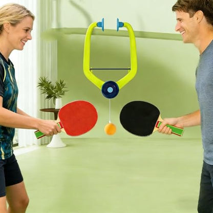 Hanging Ping Pong Tennis Trainer, Ping Pong Hanging from Doorway Adjustable Over-The-Door Table Tennis Kit with Wooden Paddles and Balls, Portable Daily Exercise Set