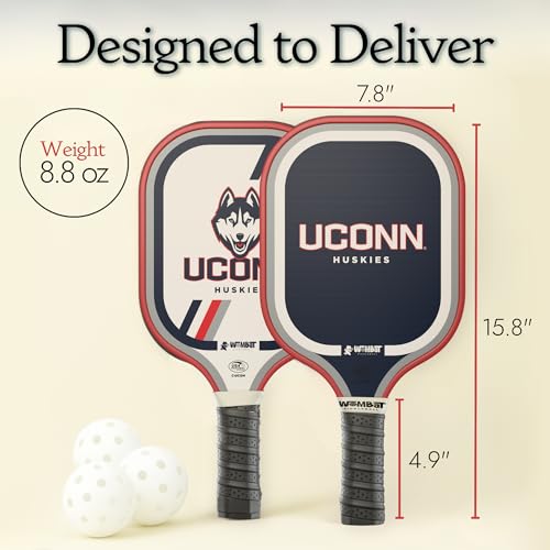 Officially Licensed College Pickleball Racquet - Front & Back Graphics, Micro-Textured Fiberglass Face, 16mm Honeycomb Core, Cold-Press, 8.8 oz, Reinforced Edge Guard