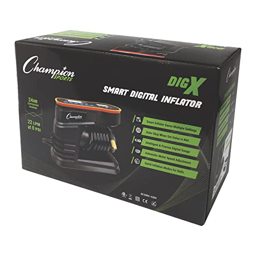 Champion Sports Digital Air Pump - Electronic Inflator for Sports Balls - Portable, Smart Ball Pump for Basketball, Soccer Ball, Football, Volleyball - Comes with Pressure Gauge and 3 Needle Tips