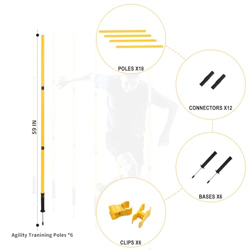 Soccer Agility Training Poles Set: Football Speed Training Equipment with 6Soccer Agility Poles Adjustable Height Hurdles for Basketball Athletes Youth