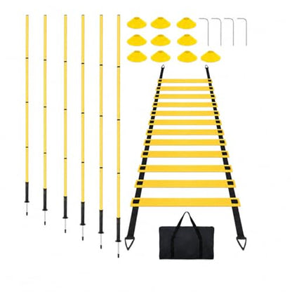 PVC Agility Ladder, 6m Speed and Agility Kit, 10 Training Cones & 6 Marker Poles, Sports Training Set with Carry Bag for Football