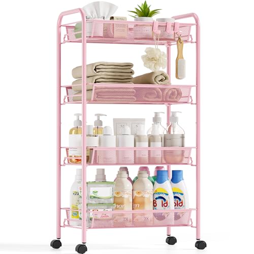 SYKIARIOL 4-Tier Metal Utility Cart, Mesh Wire Rolling Cart on Wheels, Storage Trolley with Easy Assembly, Organizer Craft Cart 3 Hooks, Mobile Shelving Unit for Bathroom, Laundry Room, Home - color: Pink, size: 4-Tier
