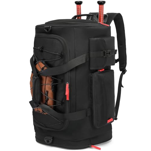Large Baseball Duffle Bag Softball Backpack for Adult & Youth, 65L Spors Gym Duffel Equipment Bag with Shoe Compartment and Bat Holder, Catchers Gear Bag Fits Batting Mitten, Tball Gear, Helmet - color: Black