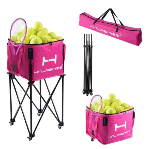 Foldable Adjustable Tennis Ball Hopper, Large Capacity Basket Holds 200 Balls, Upgraded Pickleball Caddy with Multifunction Pockets and Wheels for Training and Teaching