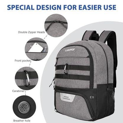LARIPOP Soccer Backpack with Ball Holder & Shoe Compartment Large Capacity Youth Sports Bag for Training - color: Light gray