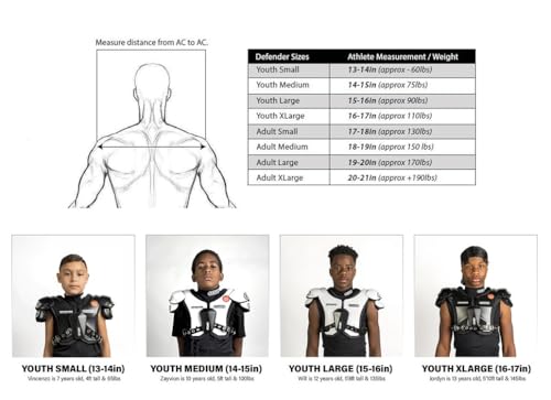 Battle Sports Defender Football Shoulder Pads – The Lightest, Most Protective in Its Class – Aerospace Grade Materials, Ventilated Design, Removable Sternum Plate, Foam Neck Roll - color: Black, size: Youth-Small
