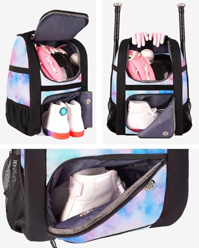 MATEIN Softball Bag, Lightweight Baseball Backpack with Shoe Compartment, Baseball Bag with Fence Hook for TBall Bat & Equipment, Softball Gifts Catchers Backpack for Women Fit Catcher’s Mitt, Helmet - color: Tie-dye