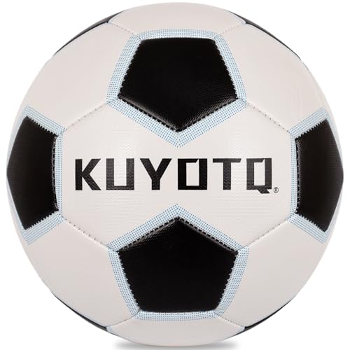 KUYOTQ Kids Youth Soccer Ball Size 4 Boys Leather Machine Stitched Hidden Stitch White Black Soccer Ball with Blue Trim for Boys Girls, Durable Strength and Water Resistance for Training and Match