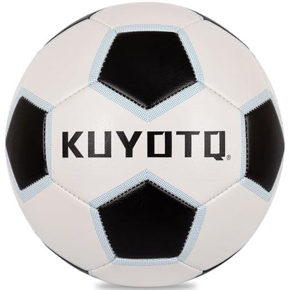 KUYOTQ Kids Youth Soccer Ball Size 4 Boys Leather Machine Stitched Hidden Stitch White Black Soccer Ball with Blue Trim for Boys Girls, Durable Strength and Water Resistance for Training and Match