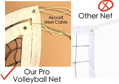Professional Volleyball Net Outdoor Heavy Duty, All Weather Enhanced with Aircraft Steel Cable, Regulation 32x3FT Replacement Net for Backyard Beach Pool Indoor