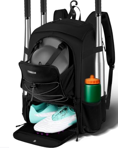 COMECOI Baseball Bag, Baseball Backpack with Helmet Shoes Bag for Youth, Adult, Lightweight Softball Bag with Fence Hook Hold TBall Bat, Baseball Glove, Helmet, Caps, All Gear